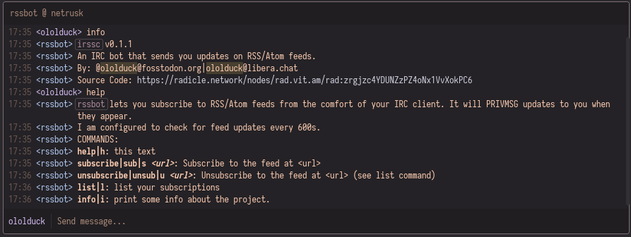 A preview of the bot showing its help and info commands
